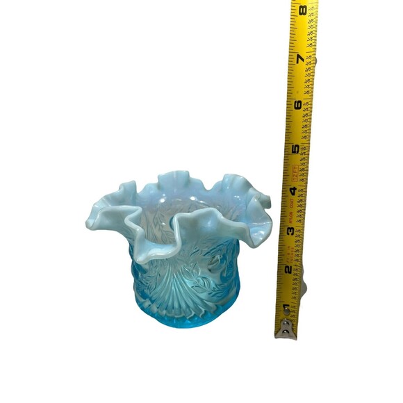 Vintage LG Wright Blue Glass Opalescent Raised Cherry Design Vase MCM 1960’s - Picture 7 of 11